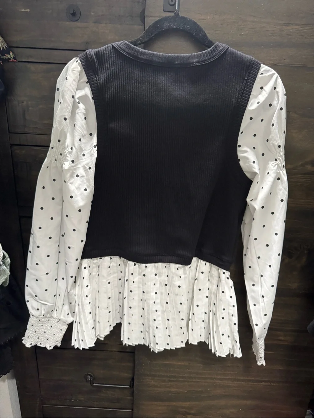 Anthropologie Black Ribbed Button Vest Over White Polka Dot Peplum Blouse